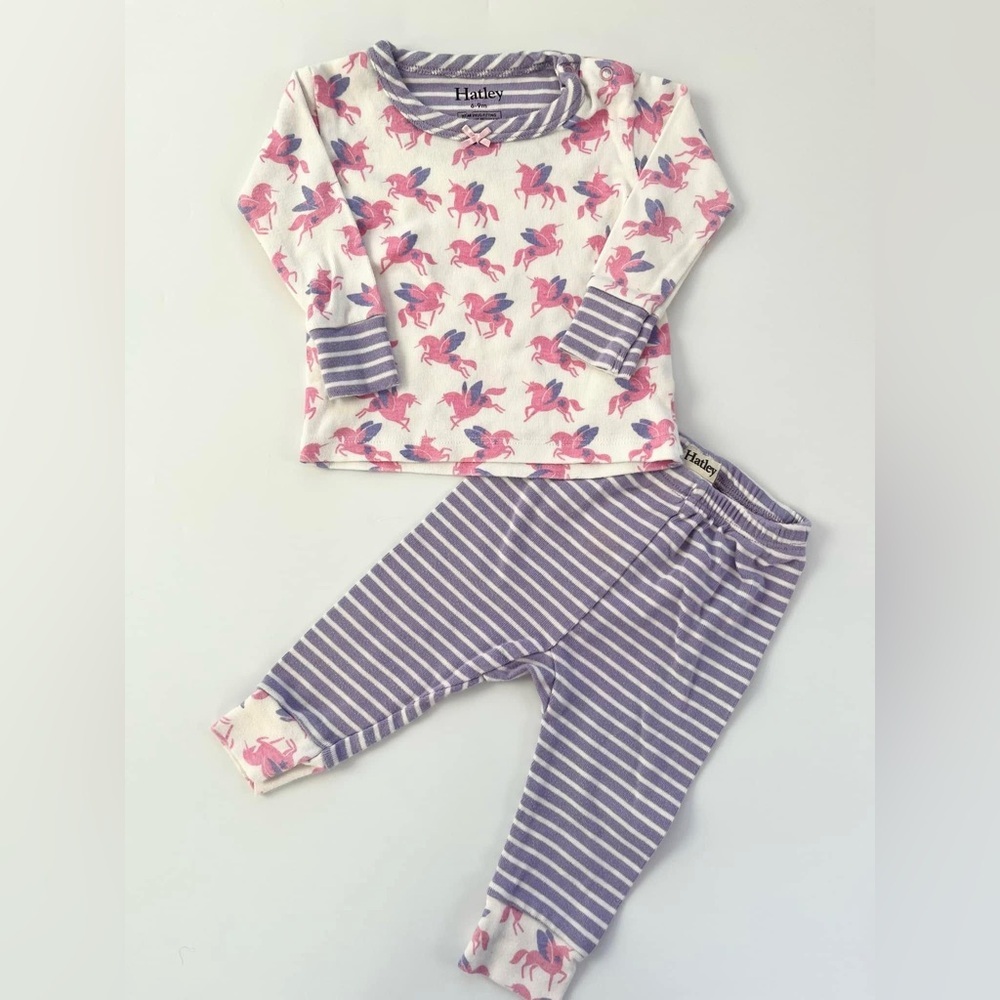 Hatley Pink Purple Whimsical Baby Pajama Set with Pegasus Unicorn Striped Design